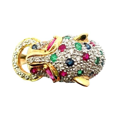 鑑別書付き豹/パンサーブローチk18YG 色石ダイヤ16.9g