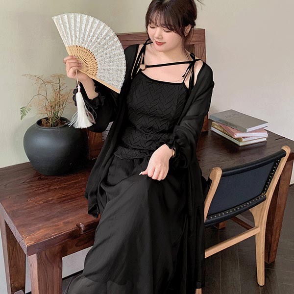 大きいサイズ セットアップ 3点セット ランタンスリーブ長袖 シアーカーデイガン アシンメトリーデザイン ニットジャガード キャミソール ウエストゴム Aラインスカート ロング丈 ブラック ブラウン LL 3L 4L 5L 6L【予約】