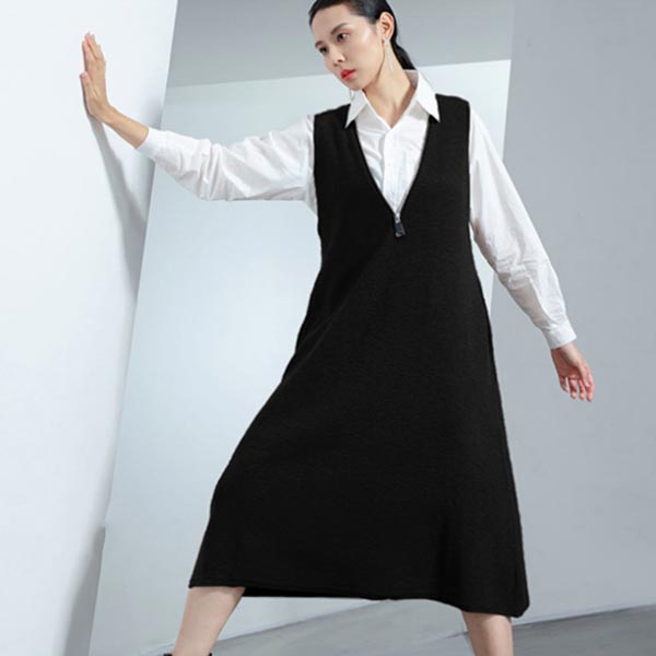大きいサイズ レディース ニット ベストジャンパースカート Aライン ハイゲージ ジッパー風Vネック エコロジカルカシミア メリノフール 抗ピリング繊維 ミモレ丈 ブラック グリーンブラウン ベージュブラウン フリーサイズ 2024秋冬新着【予約】