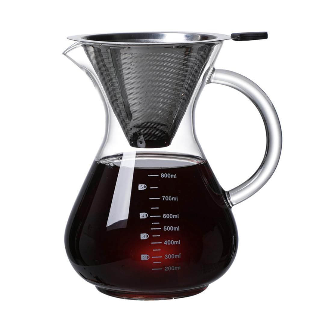 コーヒーサーバー コーヒードリッパー コーヒードリップセット コーヒー ドリッパー 器具 お茶 耐熱ガラス 透明 目盛り付き ステンレスフィルター付き 2層メッシュ ハンドドリップコーヒーサーバー ペーパーフィルター不要 電子レンジ可 ティー コーヒー