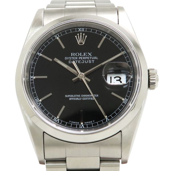 ■詳細情報ブランドロレックス商品タイプ時計ランクA型番16200サイズ36mm付属品メーカー修理明細書　さのや1年保証書素材SS ステンレス備考自動巻き性別メンズ■当店の程度説明■コメントROLEX（ロレックス）　デイトジャストRef.16200　T番　1996年頃製　ブラックダイヤルにバーインデックスのシンプルで視認性の良いメンズデイトジャスト。3列のオイスターブレスで普段使いはもちろんのことビジネスシーンにもオススメです。ブレスレット、ケース、裏蓋等、全体に細かい擦れ、ブレスレットに若干ヨレがございます。メーカーにて2025年3月にオーバーホール済みですので当社では特にメンテナンスは行なっておりません。※メーカー修理明細書（2025/03）■整備メーカー修理（2025/03）■ブレス内径約17.5cm :MnFF