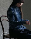 返品送料無料 トップス しわ加工 ニット【凹凸が素敵なウールトップス】 毛 ウール タートルネック ハイネック ブルー ボーダー 青 Lusso 長袖 薄手 大...