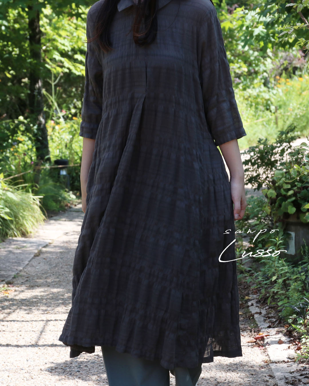 **返品交換送料無料 七分袖 ワンピース 体型カバー【肩の力を抜いた大人のきちんと感ワンピース】Lusso ルッソ ブラウン カーキ 襟 チェック 細見え シワ加工 レイヤード 重ね着 ナチュラル sanpo【b14592ss】