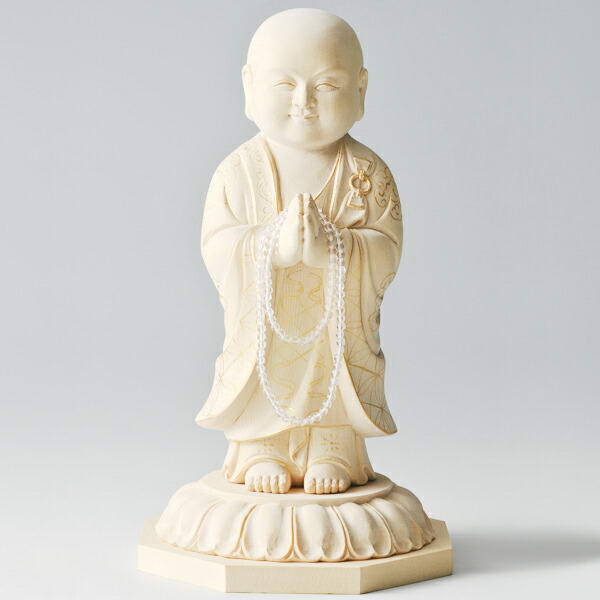 天然檜一刀彫り 微笑み夢叶え地蔵菩薩 本水晶念珠付き - 葉偉混作