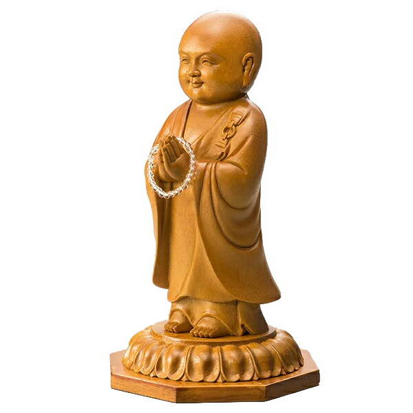 置物 木彫り 仏像 お地蔵さん 十徳夢叶え地蔵尊 葉偉混作 天然楠木一杢彫り 天然本水晶念珠付き