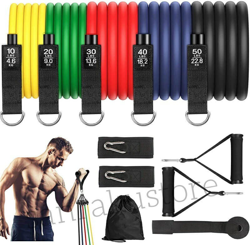 トレーニングチューブ 筋トレ ゴムチューブ 強度別5本セット 天然ラテックス製 耐久性アップ 自宅運動 ..