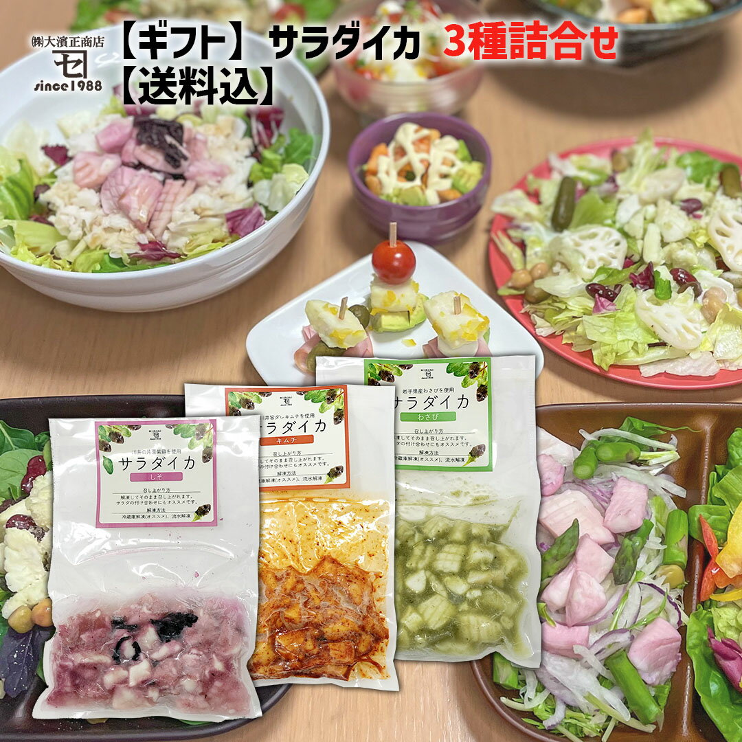 【贈答】サラダイカ 3種詰合せ【送料込】キムチ わさび しそ そのまま 食べれる イカ ボイル サラダ 岩手県 宮古市 川井 片面紫蘇 岩泉 畑わさび 冷凍 常備菜 調理済み かれい専門店 宮古マルエイ カネセ 大濱正商店