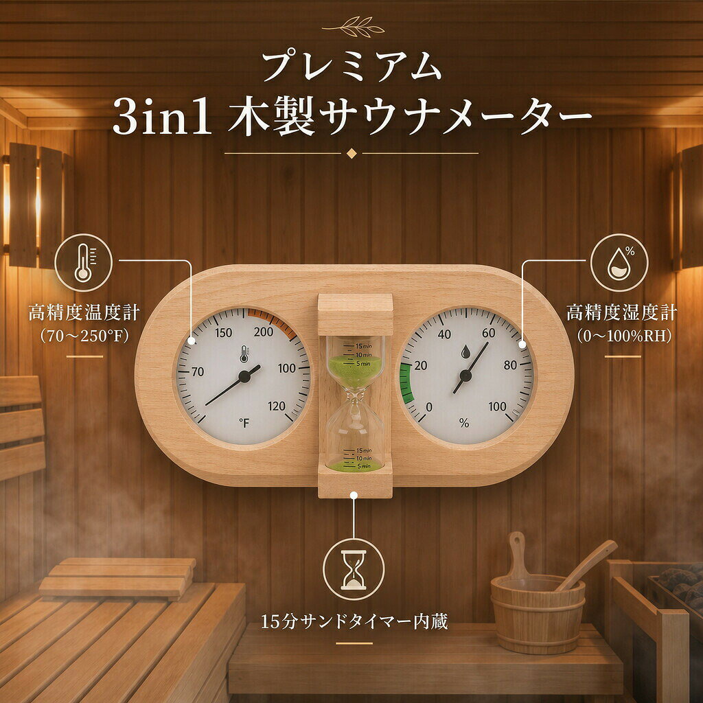 SHOP36のサウナ温度計 湿度計 2in1 アナログ式 サンドタイマー15分付き 従来型サウナ室用 温湿度計 壁掛け サウナ用品 お風呂 スパ リラックス 便利 人気 コンパクト 収納 耐久性 高精度 ギフト プレゼント 浴室 脱衣所 フィンランドサウナ ドライサウナ ミストサウナ｜アングル3