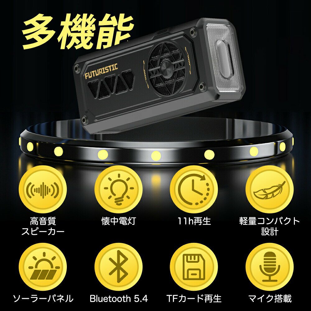 SHOP36のソーラー充電式スピーカー ポータブルスピーカー Bluetooth5.4 ワイヤレススピーカー 懐中電灯付 多機能ソーラースピーカー 高音質 小型 防水 TFカード再生 ライト内蔵 キャンプ アウトドア ワイヤレス ポータブル｜アングル2