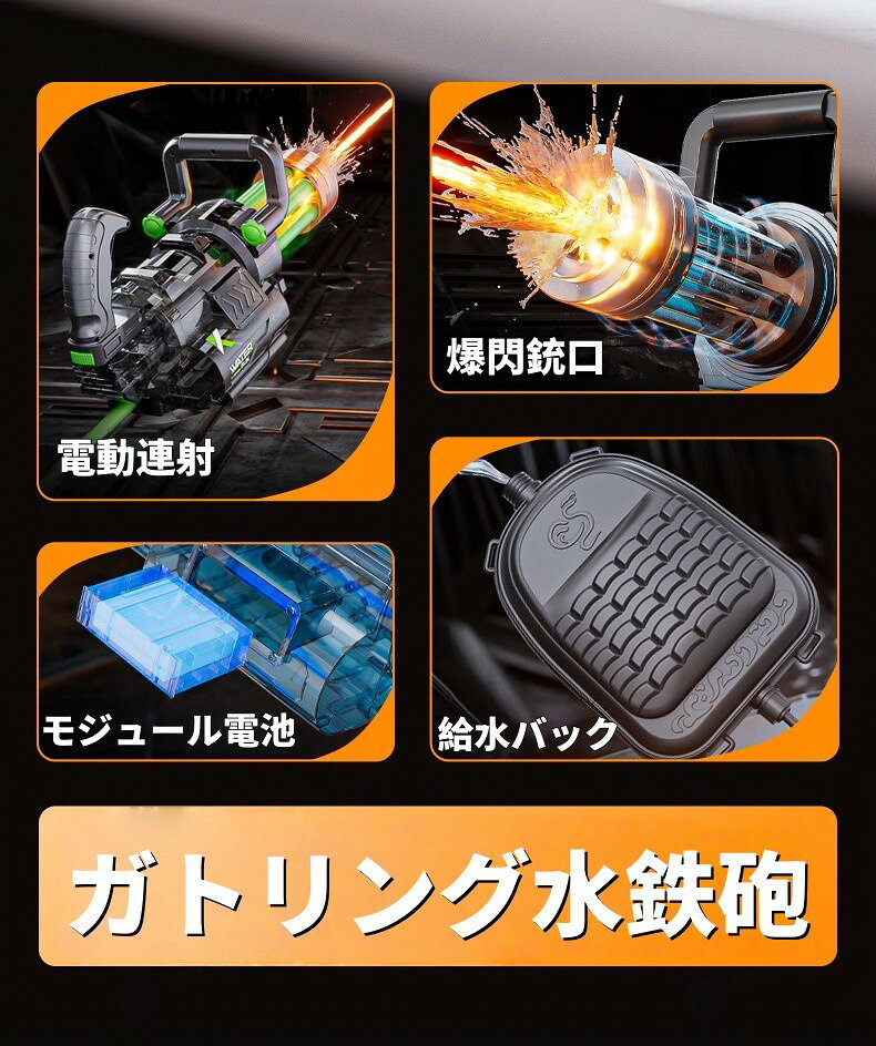水鉄砲 水鉄砲 ミニガン水鉄砲 電動 超強力飛距離 かいてんほうしゅつ 高速連発250...