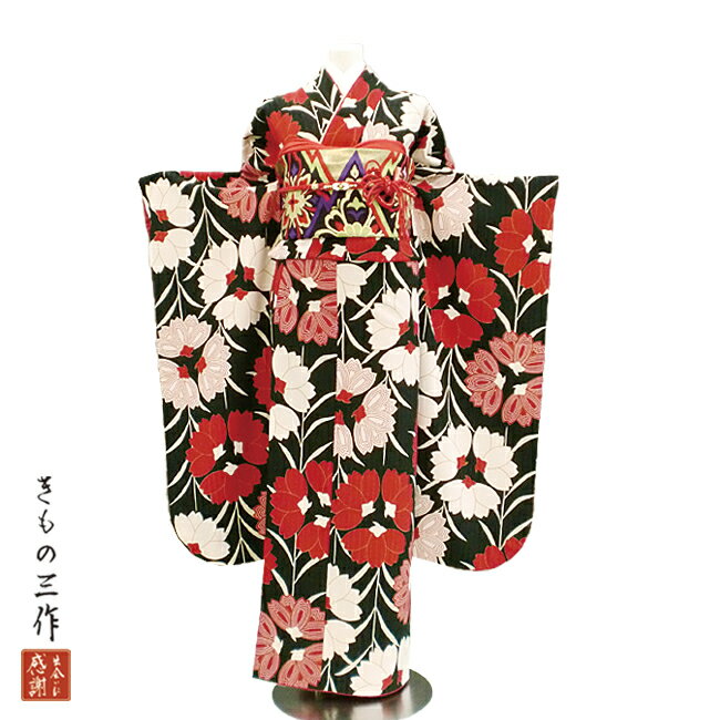 振袖 ふりそで 振袖レンタル 着物 フルセット 黒 送料無料 結婚式 成人式 着物レンタル 【和風館】 モダン レトロ l5100 Lサイズ 155cm~165cm レディース