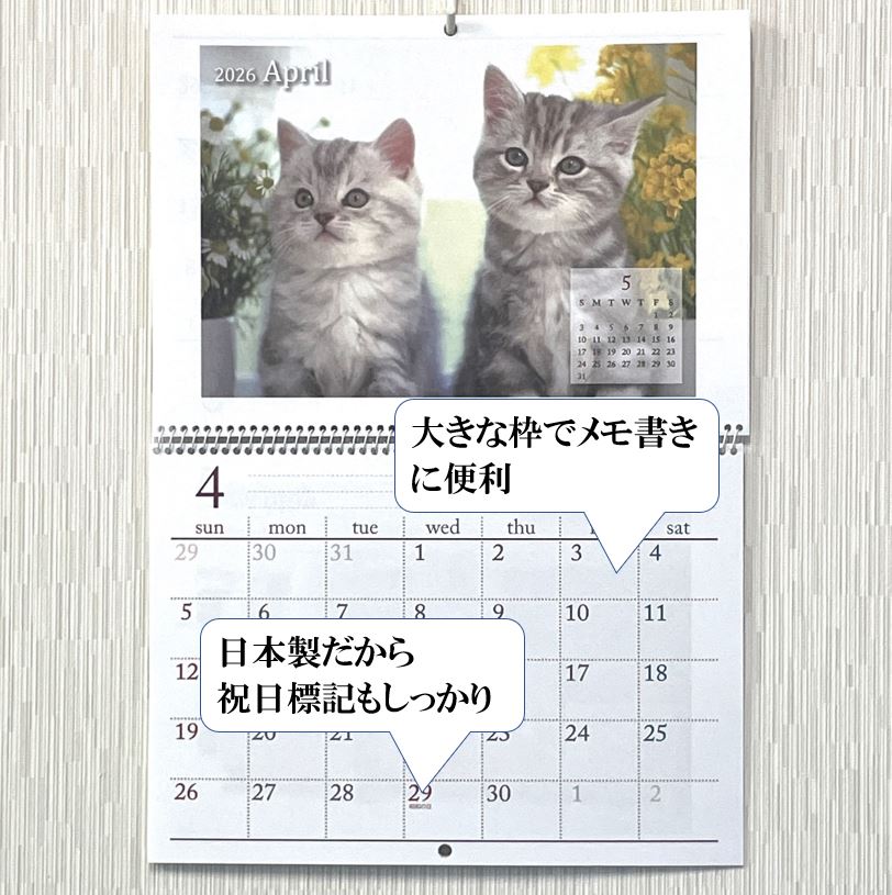 ネコ 壁掛けカレンダー カレンダー 2026年 可愛い 猫 の カレンダー B4