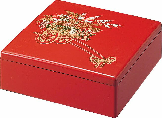 10セット 重箱 1段 6.5寸 彩重 朱花車（外寸19.6cm角 高さ6.5cm）福井クラフト｜ 一段重 一段重箱 お重箱 お正月 正月 おせち おせち重 行楽重 オードブル お節 お花見 運動会 お祝い イベント ピクニック 行楽 遠足 漆塗り 漆器 業務用 日本製
