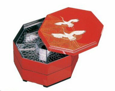 八角オードブル 二羽鶴 朱(仕切別売)尺8.0寸　日本製 福井クラフト