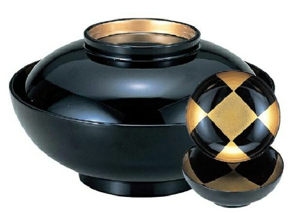 【代引不可】【木質】4.5寸仙才煮物椀　黒高台内金 見返し市松　親・蓋 2-283-10