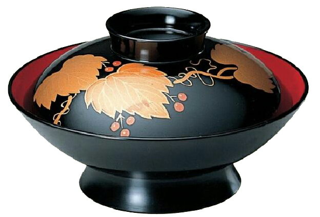 【代引不可】【耐熱ABS樹脂】5.5寸御殿型煮物椀 黒/蔦 内朱 親・蓋 2-286-6