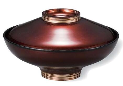 【代引不可】【木質】5寸富士型煮物椀　白檀ツマミ金ライン 内黒　親・蓋 2-284-12