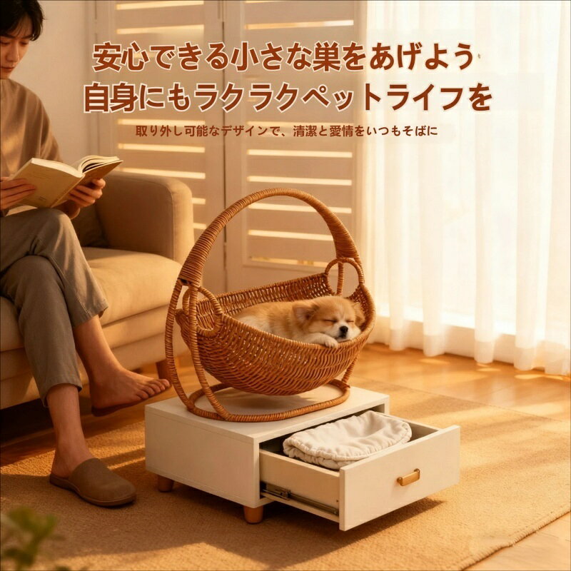 ラタン編み キャットスイング 猫用ベッド 可動式 雲のような揺れ ペット用キャビネット 四季通用 取り外し可能 洗える デザイナーズ おしゃれ