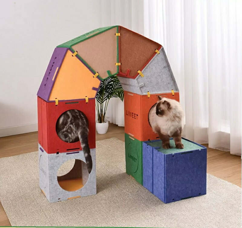 猫用ベッド トンネル ルービックキューブ カラーボックス モジュール式 猫用遊び城 キャットタワー フェルト 猫用インタラクティブおもちゃ カラフル 三角 四角 多機能 多層 通路 穴くぐり よじ登り おもちゃ