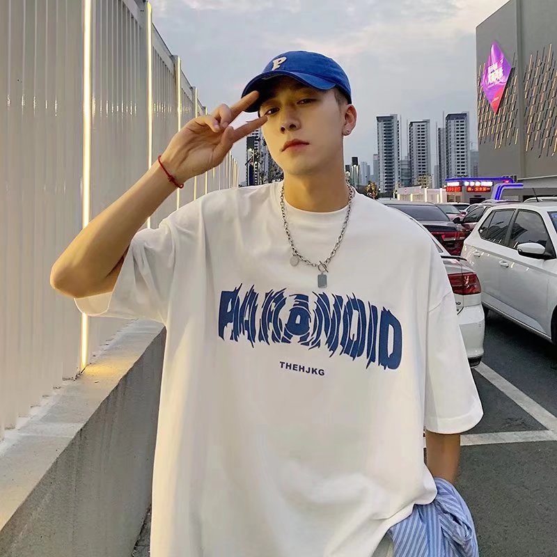 樂天商城 - メンズ 夏半袖Tシャツ 綿100% オーバーサイズ 落ち着き感 香港風ストリートファッション 丸首 ロゴプリント ゆったりシルエット 夏 カジュアル 通気性 ユニセックス デイリー着用