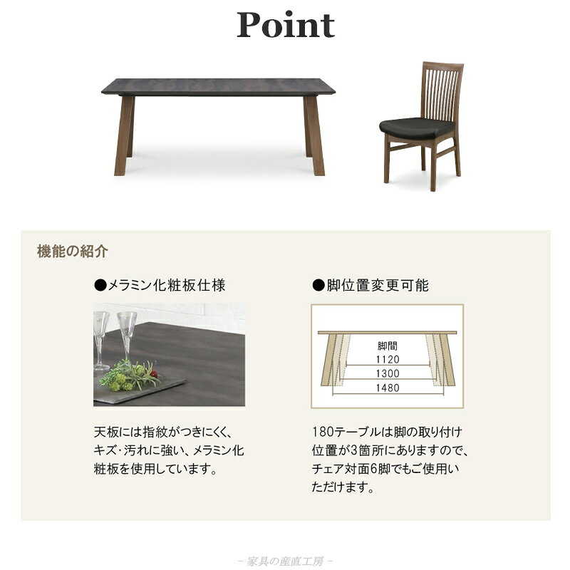 ALMA メラミン ダイニング7点セット 180テーブル+チェア6脚 正規ブランド 幅180cm ダイニングセット ウォールナット タモ材 石目抽象柄 セラミック 柄 産地直送価格 [3]