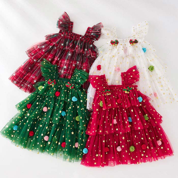 樂天商城 - 女の子ワンピース サンタコス 可愛い 子供服 キッズ ワンピース クリスマス コスプレ クリスマスツリー チュール キャミソール 髪飾り 星柄 仮装 新年 女の子 衣装