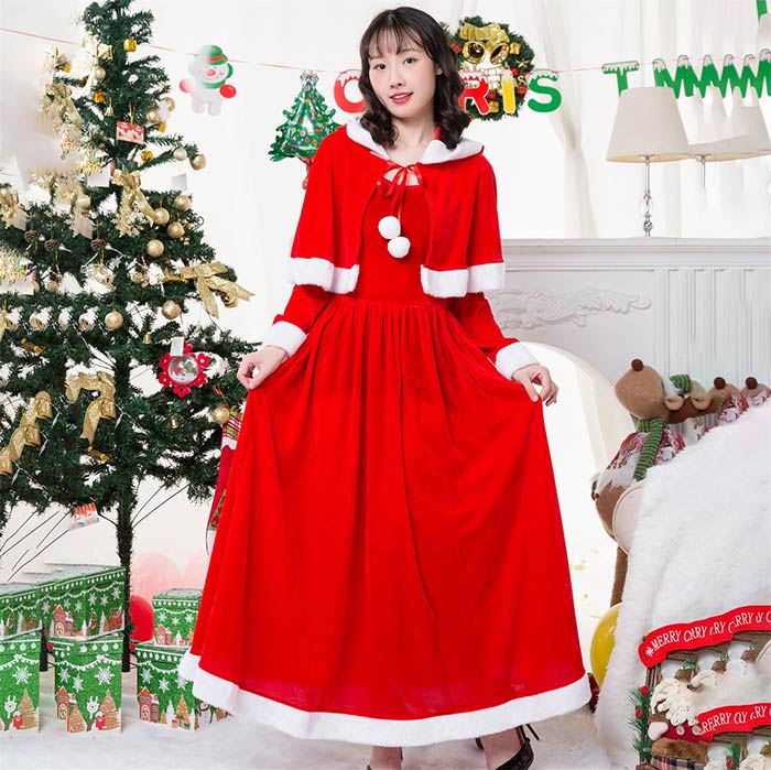 樂天商城 - サンタ コスプレ レディース ロング 袖 エレガント ワンピース マント付き 赤 緑 クリスマス サンタクロース 仮装 大きいサイズ 演出服 イベント 文化祭 新年会 パーティー