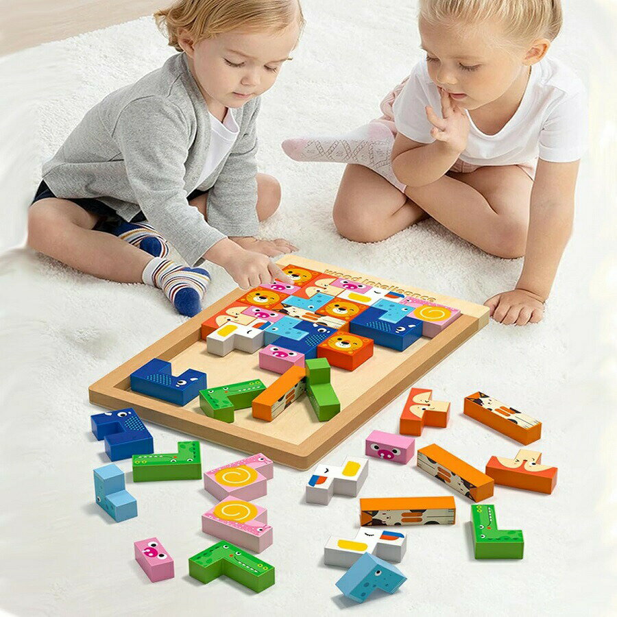 4in1 モンテッソーリ 知育おもちゃ 木製パズル テトリス ジグソーパズル 積み木 3D立体パズル モンテッソーリ教具 早期開発 指先訓練 脳トレ 形合わせ 学習パズル 創造力 記憶力トレ 2