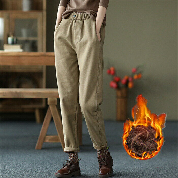 Capri Pants - パンツ 裏起毛 テーパードパンツ レディース 秋冬 ズボン 無地 カジュアル あったかい ウエストゴム 大きいサイズ あたたかい シンプル