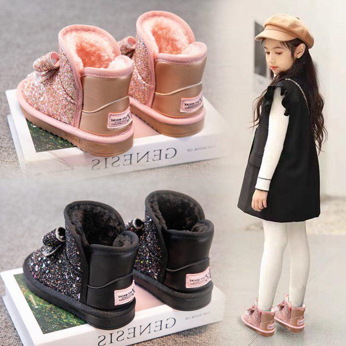 樂天商城 - ショートブーツ ムートンブーツ 子供靴 子供ジューズ キッズ 子供 女の子 ブーツ シューズ 秋 冬 スパンコール キラキラ リポン 防寒 防風 裏起毛 暖かい もこもこ ふわふわ 裏ボア