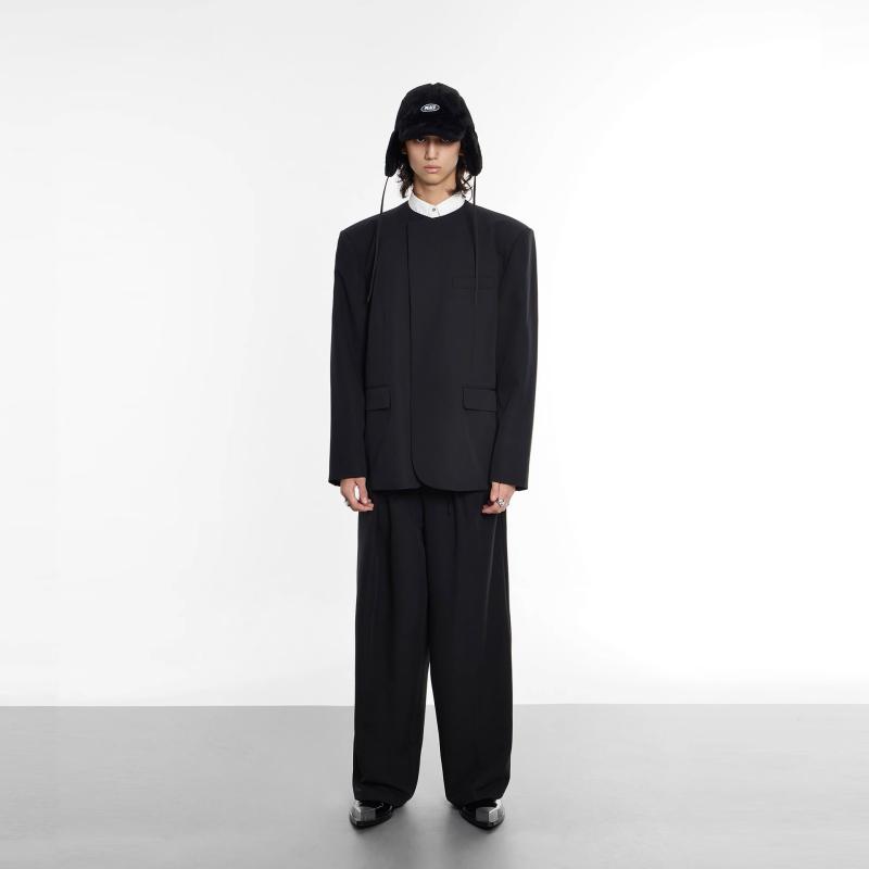 樂天商城 - スーツ 男性用 ノーカラー テーラードジャケット ＆ パンツ セットアップ ゆったり 伸縮性 ポリエステル ブラック 春秋 無地 黒