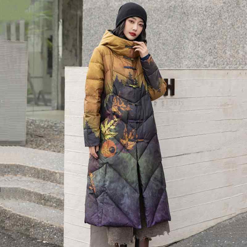 Jumper, Blouson - 羽毛 ダウンジャケット レディース 大きいサイズ フード付き ミディアム丈 ロング丈 レトロ エスニック 白ダックダウン コート ゆったり イエロー 秋冬 オレンジ グリーン