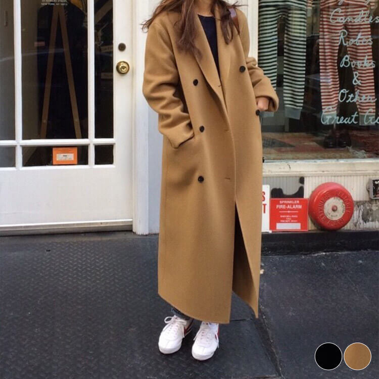Coat - ロングコート レディース コート チェスターコート オーバーコート ロング レトロ ゆったり オーバーサイズ ダブルボタン 韓国 黒 キャメル