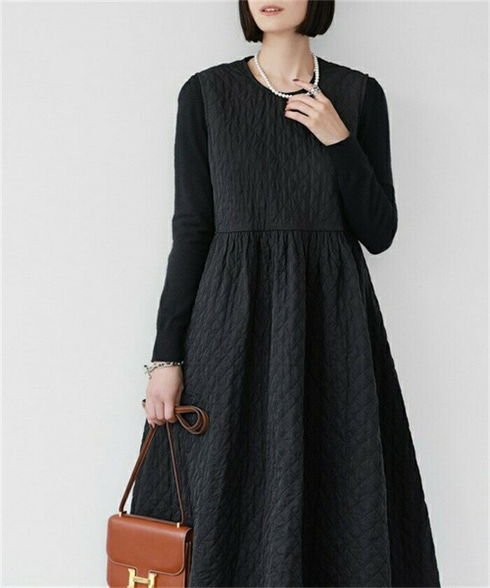 キルティングワンピース レディース キルティング 秋冬 ロングワンピース ロング ノースリーブ ロング丈 ミモレ丈 ハイウエスト バックリボン フレア ゆったり きれいめ 袖なし ワンピ