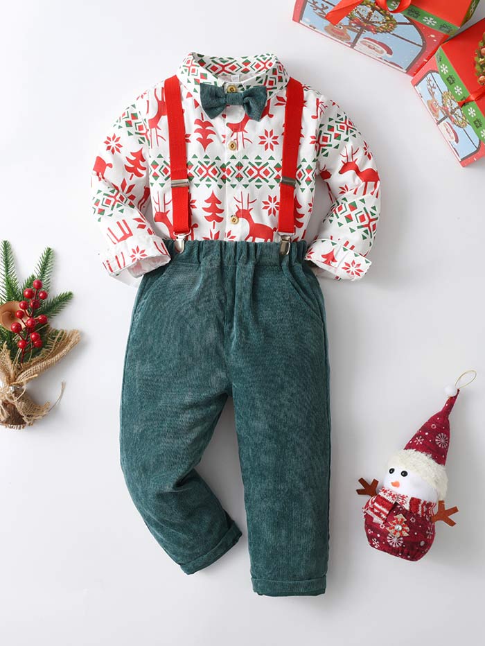 樂天商城 - 男の子 フォーマルスーツ キッズ ベビー クリスマス コスプレ 子供スーツ 長袖 シャツ パンツ サスペンダー付き セットアップ 赤 緑 コスチューム 入 入学 パーティー