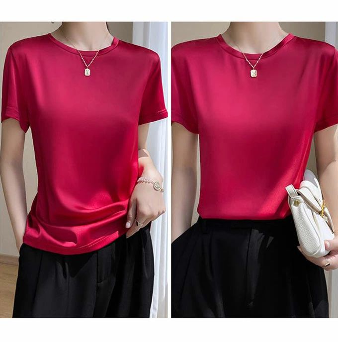 乐天商城 - ブラウス シルク レディース tシャツ 半袖ブラウス シャツ 半そで グルーネック オフィス トップス ひんやり 吸湿 高品質 敏感肌 光沢感 エレガント 通勤 OL キレイめ カジュアル フェミニン 上品 おしゃれ 夏 春 送料無料