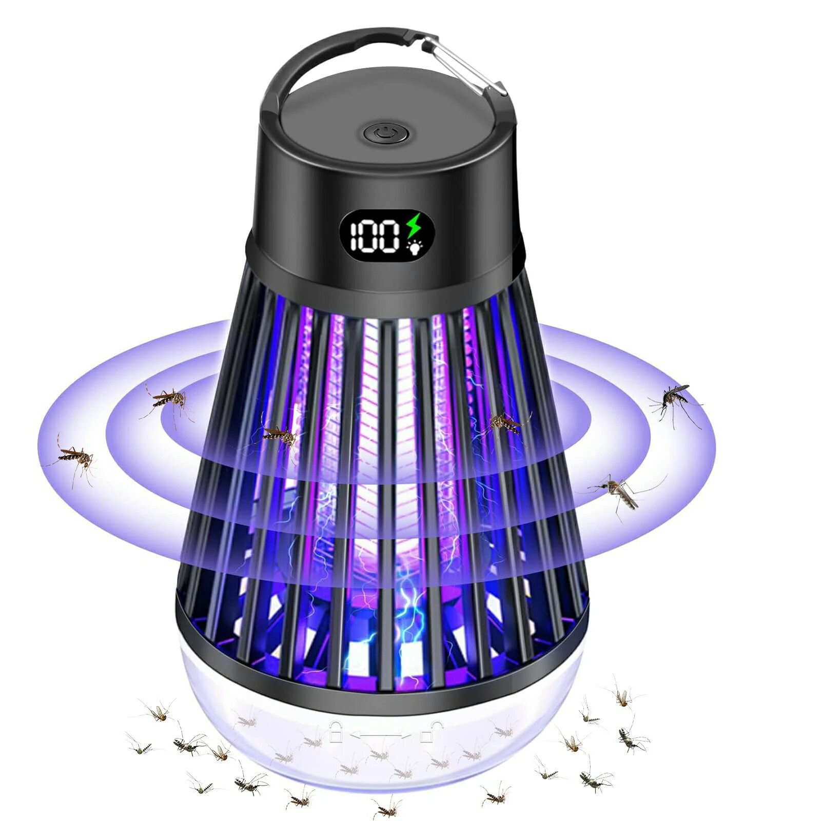 電撃殺虫器【2024年夏革新版】 電撃殺虫機 捕虫器 電気蚊取り器 殺虫機 LED誘虫灯 UV光源吸引式 蛾 蚊 駆除 電撃 360°強力蚊除け 多機能 電撃殺虫灯 家庭用 静音設計 省エネ経済 薬剤不用 USB充電式 大容量2000mAh IPX5防水 LEDランプ照明 （ブラック）