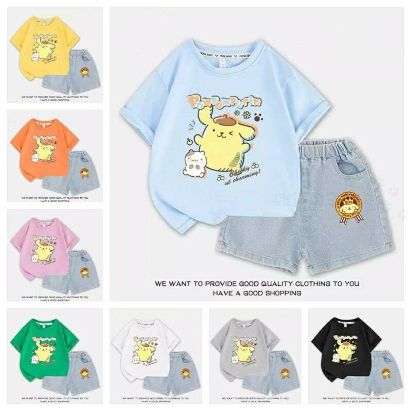 ポムポムプリン 2024新品登場 子供服 子供用 半袖 アニメ キャラクター tシャツ（tシャツ＋半ズボン 上下セット） 8色から選択可能 薄い型 速乾 防臭 ブラックゆったり 女の子 夏服 tシャツ キッズ 通気性 人気 かわいい 快適 人気