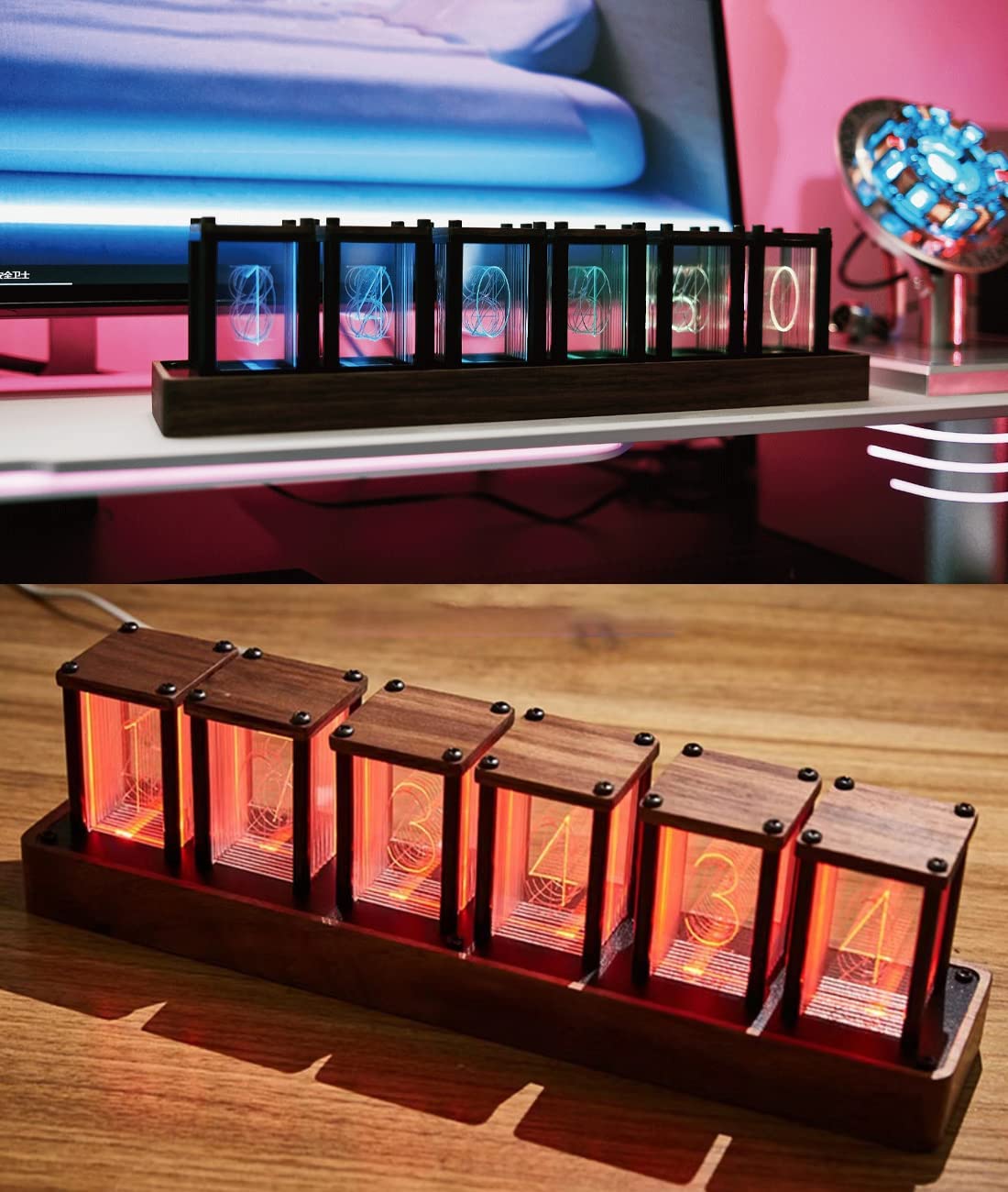ニキシー管時計 擬発光管時計 レトロモダン 置き時計 デジタル 目覚まし時計 七色 LED グラデーション 明るさ調整可 アラーム カウントダウン ヴィンテージ時計 グローチューブクロック おしゃれ レトロ ファッション 装飾 1600万色 USB プレゼント 父の日 [3]