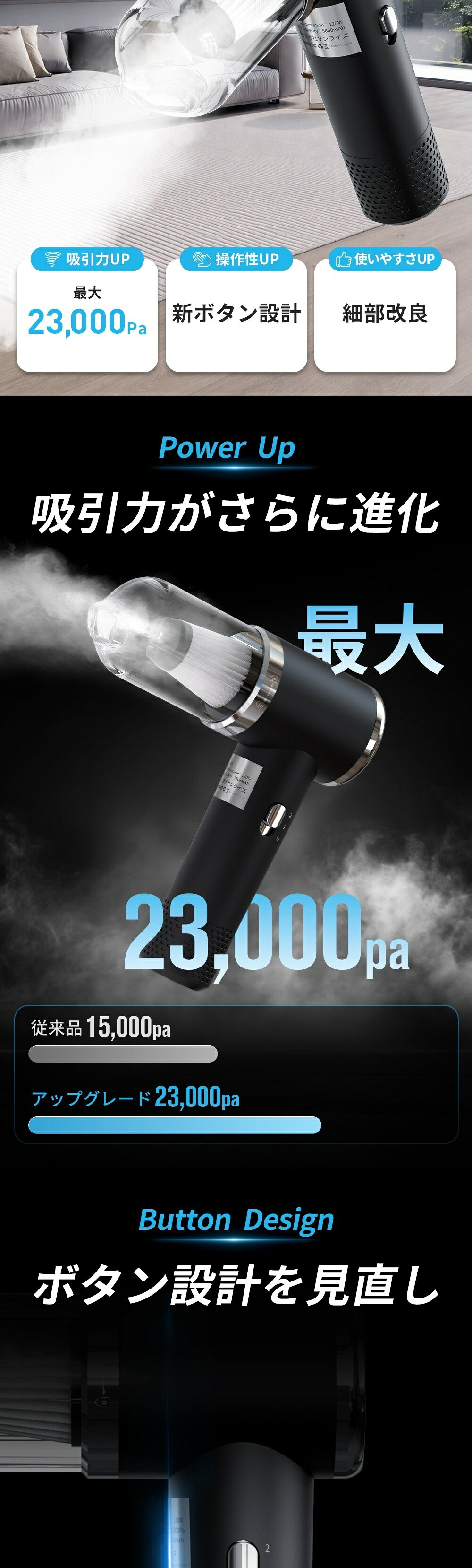 商品名 ハンディ掃除機 仕樣 型番：G35 質量：398g 吸引力：23000Pa 機能性：送風モード・吸引モード アタッチメント：6種類ノズル おすすめポイント 🌀🌀🌀【アップグレードされた掃除機＆ 超強力吸引】当商品はブラッシュレスモーターを採用し、23000Paの超強力吸着力を提供し、従来の製品に比べてさらに長寿命です。ハンディクリーナーとしてだけでなく、電動エアダスターとしても使用可能です。 🌀🌀【三重濾過システム】遠心力技術を採用し、ゴミと埃を効果的に分離しながら、強力な吸着力を維持し、素早く清掃作業を完成させます。独自の三重フィルターシステム設計により、0.3マイクロメートルの細かい粒子まで捉え、99.5％以上の過率を実現し、排出空気を清潔に保ちます。 🌀🌀【5800mAh内蔵バッテリー＆USB充電式】G35ハンディ掃除機は5800mAhの大容量バッテリーが内蔵されており、最大で約35分の連続使用が可能です。Type-Cの急速充電により、約3時間でフル充電が完了します。 🌀🌀【車内/自宅両用 & 品質保証】車内や自宅の両方で使用でき、さまざまなニーズに応え、ゴミを吸収したり吹き飛ばしたりします。ご購入日から6ヶ月間の安心して使える品質保証が付いています。 関連キーワード ハンドクリーナー カークリーナー ハンディクリーナー コードレス掃除機 ハンディー掃除機 小型掃除機 車内 車用掃除機 卓上クリーナー コンパクト ハンド掃除機 強力 USB充電式 車載掃除機 ハンディ ブロワー付き 超軽量 コードレスクリーナー ミニ掃除機 空気入れ 空気抜き ハンディークリーナー 掃除機 コードレス 人気ランキング 絨毯クリーナークリーナー コードレス 小型掃除機 ハンディ ブロワー付き 掃除機 ハンディタイプ 収納バッグ付き パワフル 車内清掃 3in1電動エアーポンプ機能付き 車載ミニポータブルコードレス掃除機 人気 軽量/業務用/キーボード掃除/車内清掃 プレゼント ギフト コードレス ハンディ 掃除機 車 掃除機 充電式 乾湿両用 隙間 掃除機コードレス ハンディ 車 紙パック 一人暮らし用 吸引力 高い 猫 コンパクト 掃除機 コードレス 車 掃除機 ハンディ ハンディ 掃除機 掃除機 ハンディ コードレス 猫の砂 ミニクリーナー ハンド掃除機 車内用 プレゼント お掃除グッズ 便利 卓上掃除機 サイクロン掃除機 充電式 小型掃除機 コードレス 強力掃除機 ワイヤレス 無線 掃除機 軽量 吸引力 車用 軽量掃除機 ポータブル 充電式クリーナー 母の日 父の日 家電　新生活 犬の毛 屋外 クルマ ワイヤレス 無線 掃除機 軽量 買い回り 買いまわり コンパクト コードレス 充電式 おしゃれ 掃除機 充電式 クリーナー 小さい 掃除機 パワフル 急速充電 デスク ペット 卓上 水洗い 掃除機 食べこぼし 猫の砂 掃除 トイレ 省エネ 送料無料 ギフト ブラックフライデー ハンディクリーナー 家用 車内 2026 23000Pa