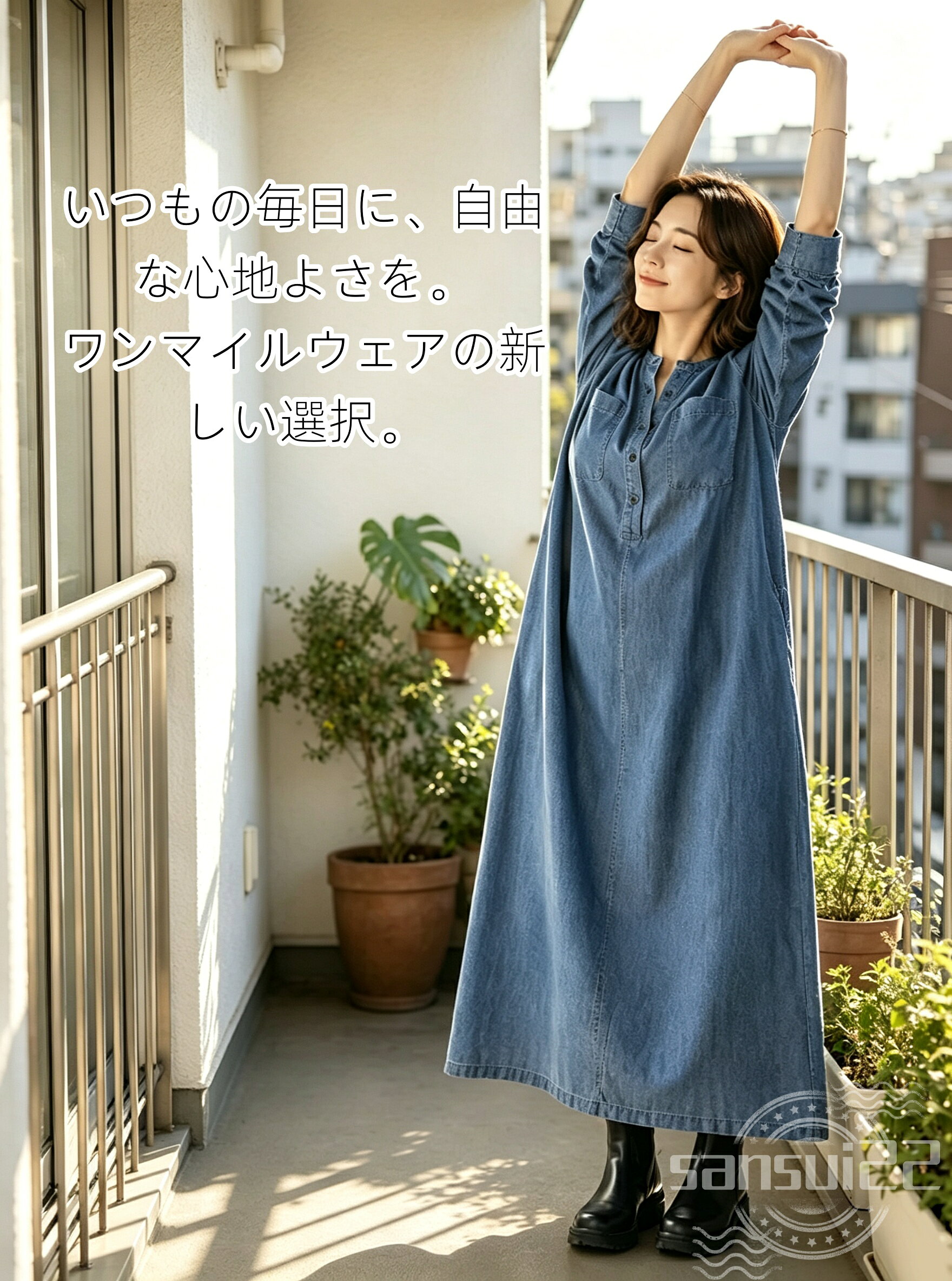 送料無料 シャツワンピース ロング レディース 長袖 体型カバー 着痩せ見え ゆったり キーネック Aライン マキシワン…