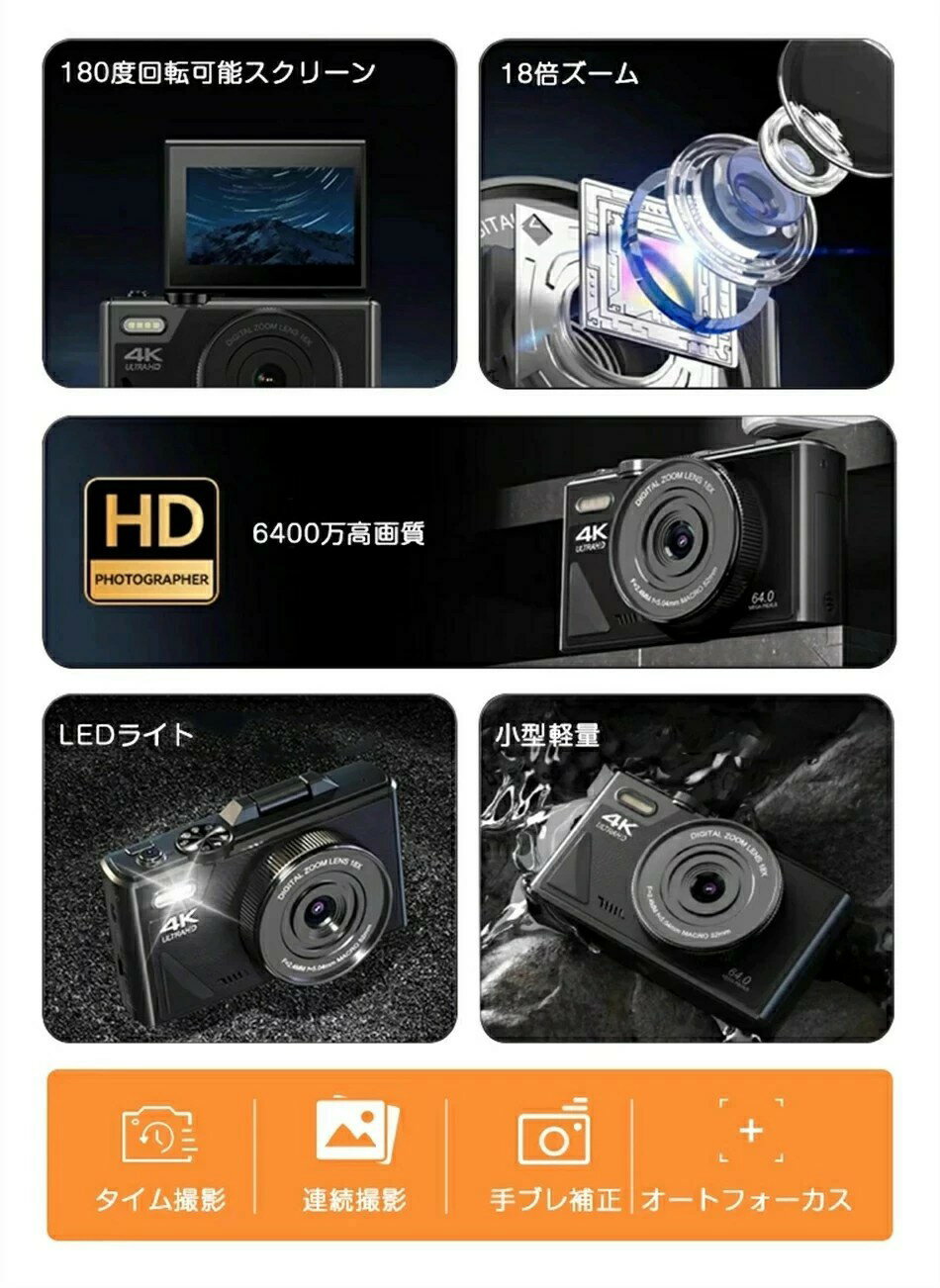 ★進化版／デジタルカメラ デジカメ 自撮り wifi対応 4K 動画撮影 ビデオカメラ 6400万画素 スマホ 転送 カメラ コンパクト 180°回転スクリーン 18倍ズーム AF機能 手ブレ補正 3インチ大画面 ウェブカメラ Vlogカメラ 初心者 修学旅行 学生