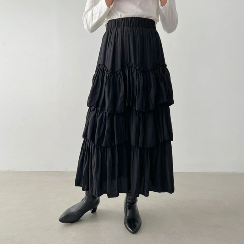 レディース スカート Iラインギャザーティアードロングスカート ワンサイズ ふり—サイズ