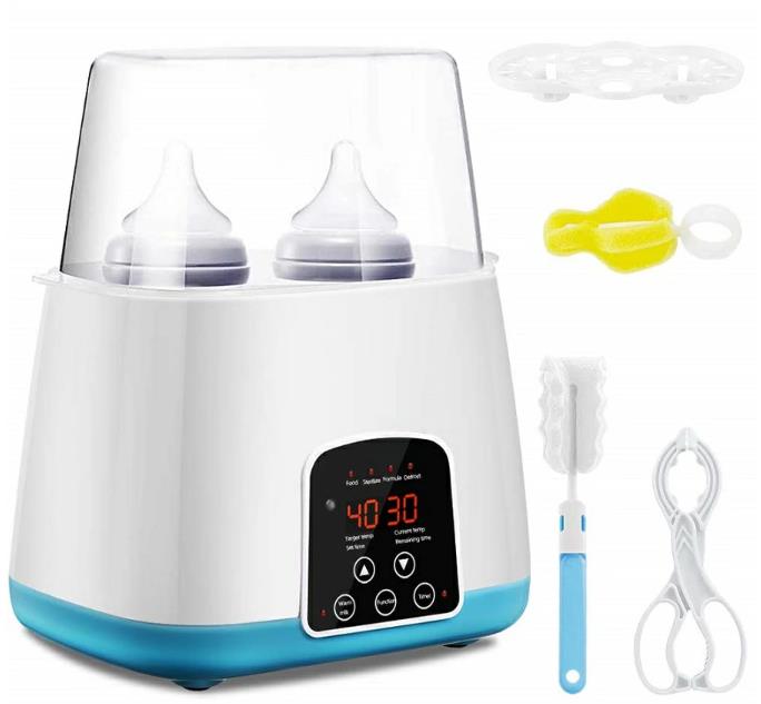 多機能ボトルウォーマー ボトルウォーマー 調乳ポット ボトル滅菌器 ミルク加熱 ダブルボットとスチーム消毒 離乳食ヒーター 授乳器具 授乳グッズ 24時間保温 予約機能 空焼き防止 哺乳瓶クリップとブラシ付き (ブルー) 2