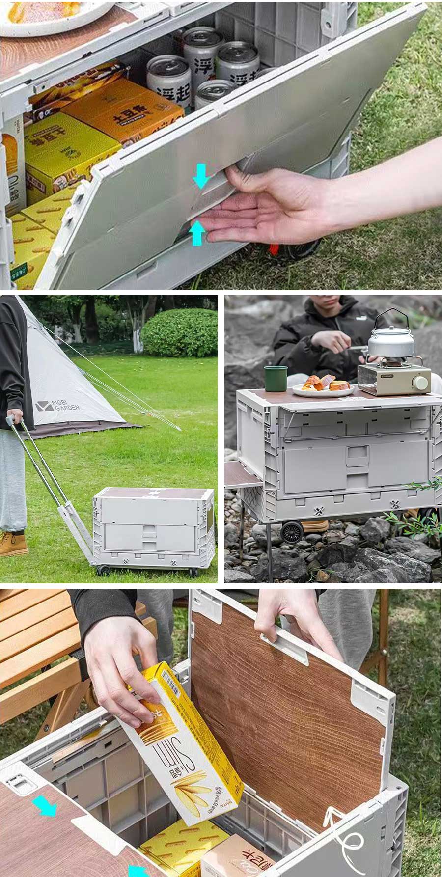 キャリーカート 拡張天板付き アウトドアワゴン 折りたたみ式 多機能収納ボックス 伸縮ハンドル 台車 4輪 キャスター付 最大耐荷重40kg コンパクト ショッピングカート 買い物カートアウトドア 運搬 キャリーボックス キャンプ アウトドア ピクニック