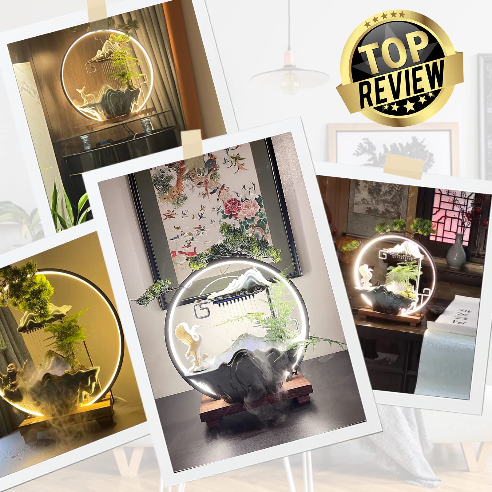 卓上噴水 屋内噴水 霧 LED 日本の屋内噴水 瞑想用 逆流香付き 人工植物 風水 装飾 幸運 富 [3]