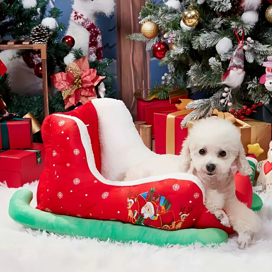 クリスマス 限定 そり型 ペットベッド 犬猫兼用 冬 防寒 暖かい ふわふわ毛布素材 洗える 室内 小型犬 ..
