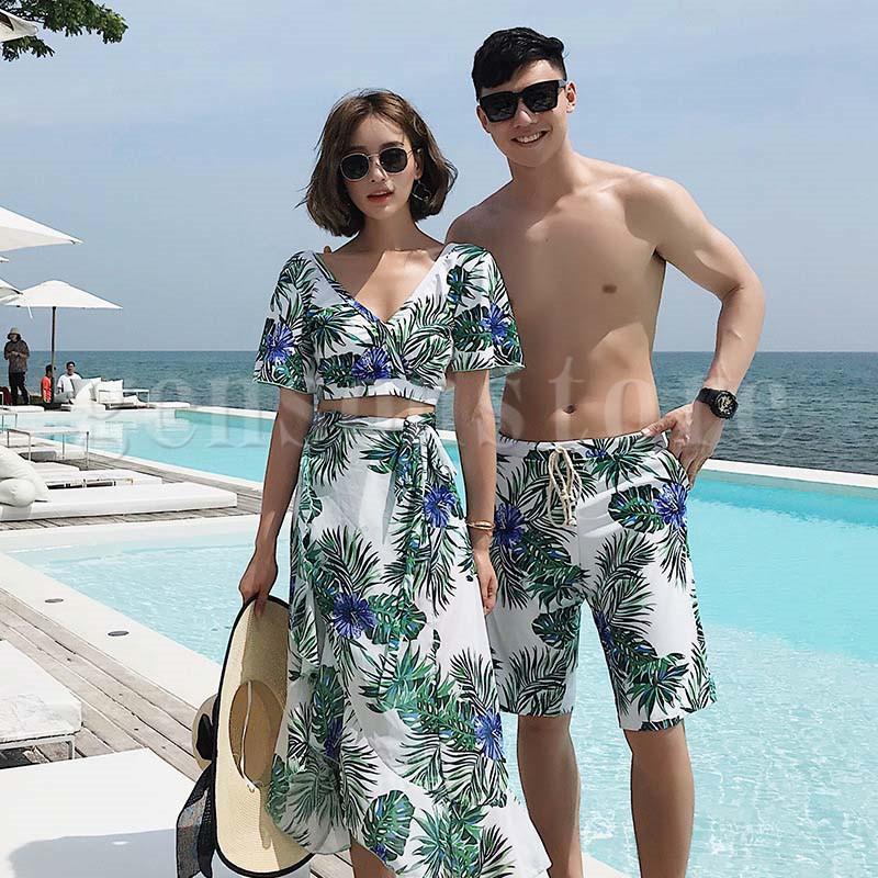 水着 ペア水着 カップル 水着 夏 海 プール 水着 カップル ペアルック レディース メンズ 花柄 スイムウエア 体型カバー お得メンズ+レディース 4点セット
