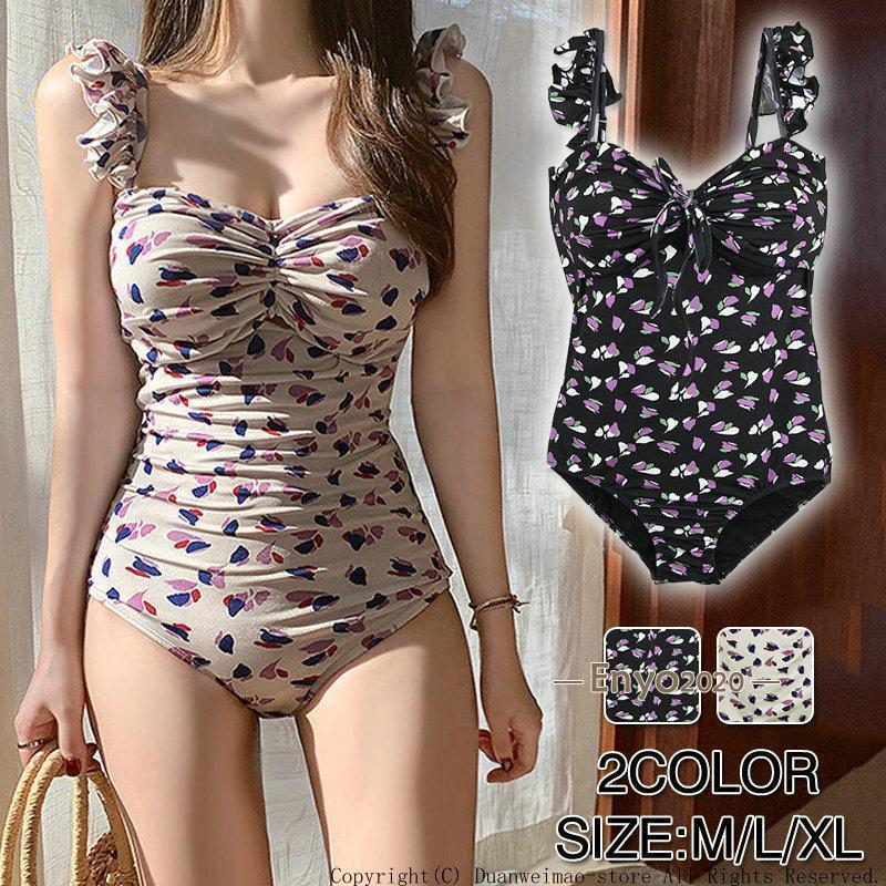 ワンピース水着 花柄 ワンショルダー レディース ビキニ M L XL 20代 30代 安い スイムウェア 海浴女性 おしゃれ ホワイト ブラック