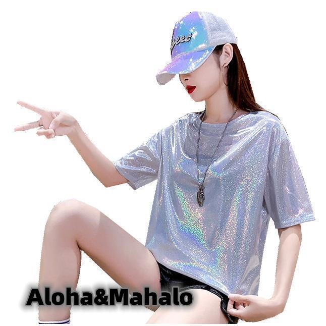 ラメTシャツ ヒップホップ ラメ きらきら トップス 半袖 ダンス 衣装 スパンコール 派手かわ ラミネート カットソー レディース イベント 夏 cy26n-1